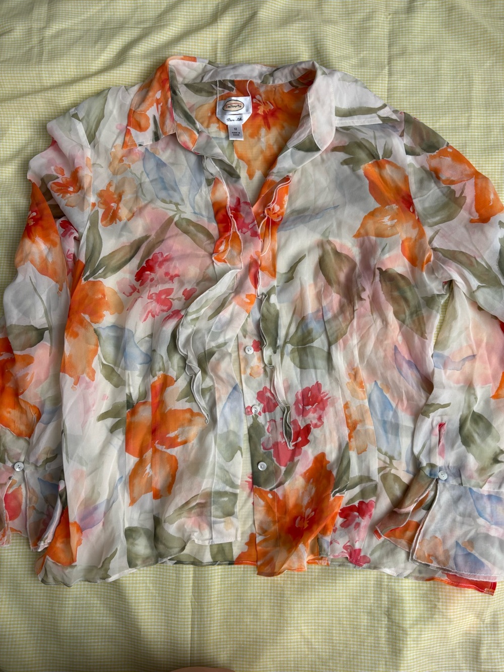 Talbots Sheer pure silk Floral Button-Down Blouse - Orange, Green, Pink